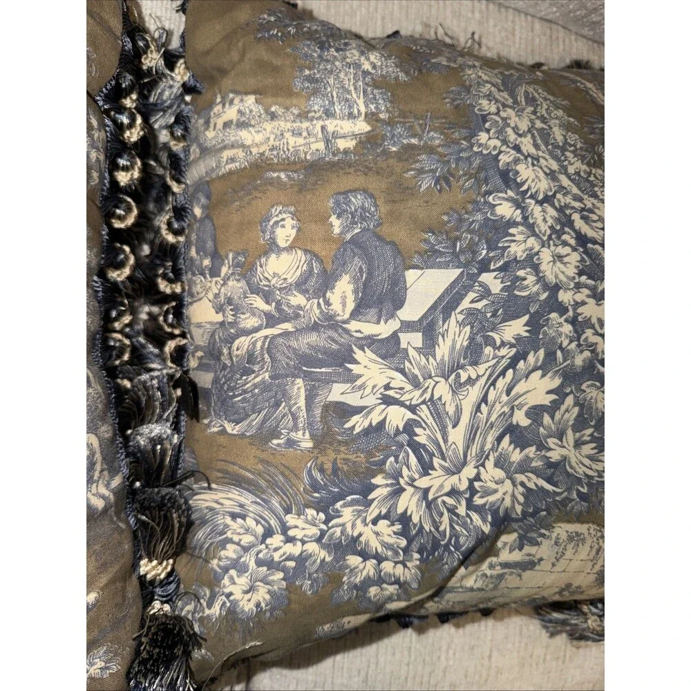 French Country Toile de Jouy Pillows Navy Cream Frill French Country 14x14
